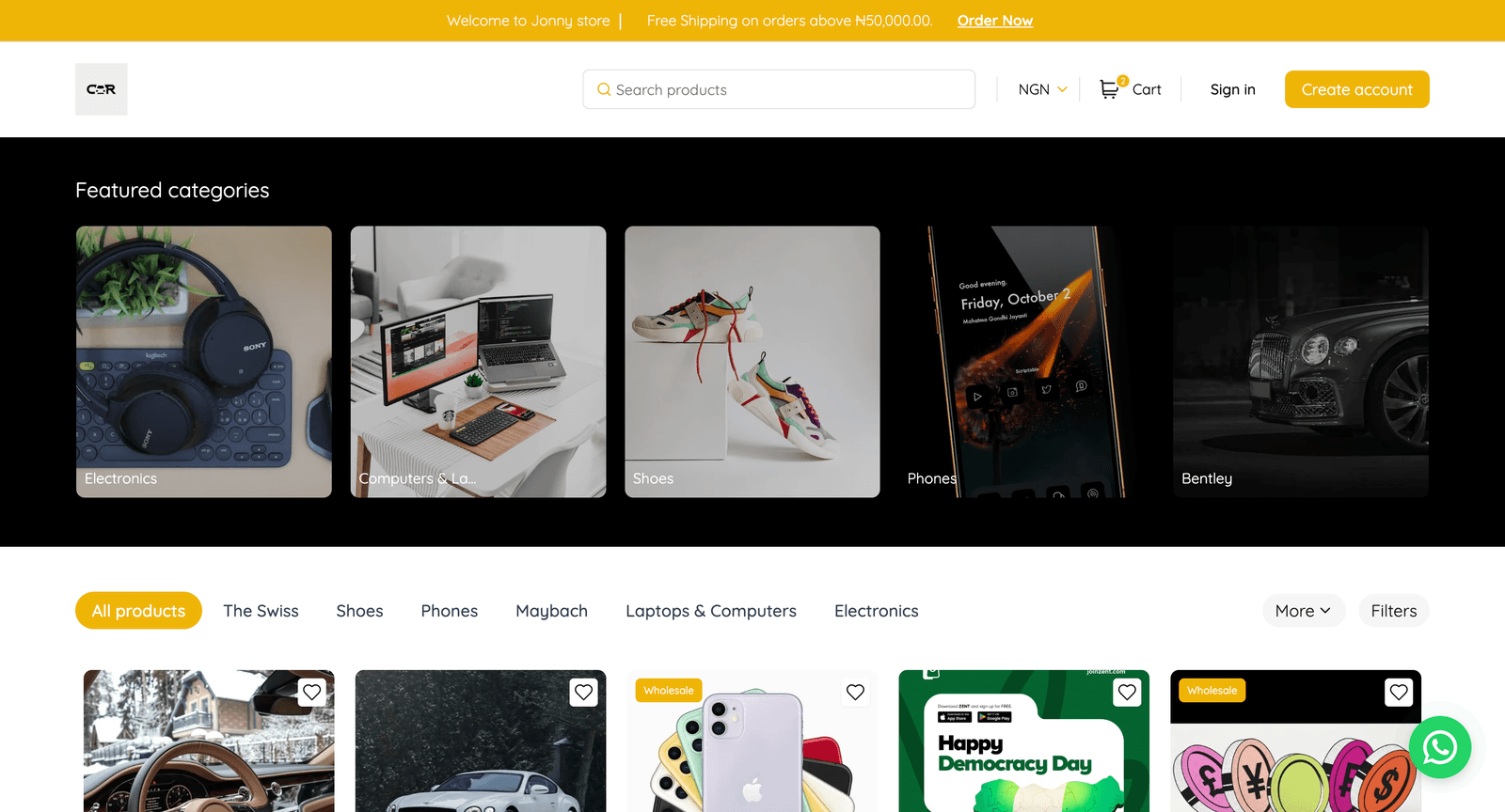 Zent marketplace storefront — live store homepage